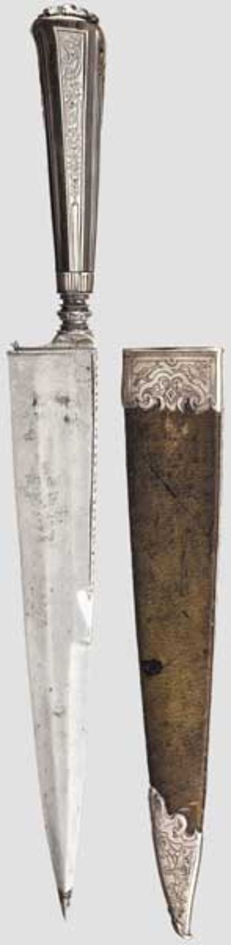 Jagdliches Luxusmesser mit Steinbockhorngriff, süddeutsch um 1740   Kräftige Rückenklinge mit