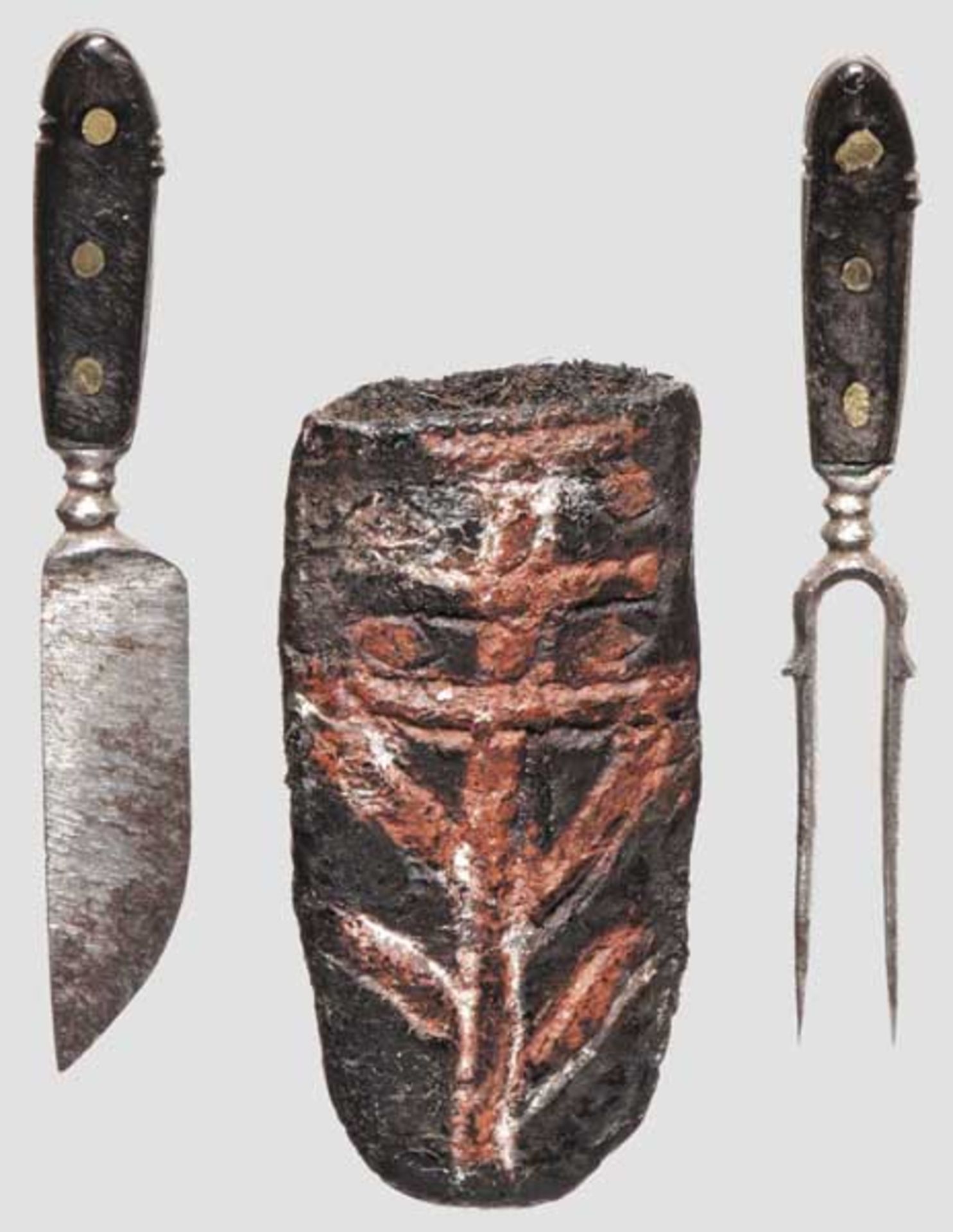 Miniatur-Fuhrmannsbesteck, alpenländisch um 1800   Messer mit eiserner Rückenklinge und - Bild 2 aus 3