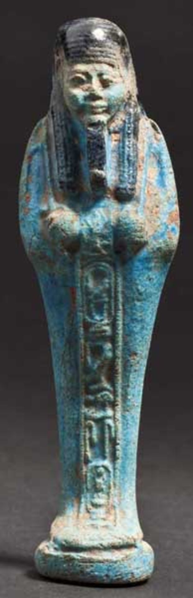 Uschebti, altägyptisch, 1. Hälfte 1. Jtsd. v. Chr.   Dienerfigur aus glasierter Fritte in