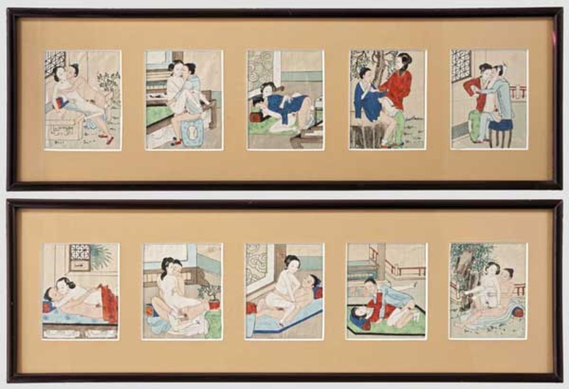 Zehn erotische Miniaturen, Japan, Edo-Periode   Jeweils farbig gemalt auf Seide mit aufwändigen