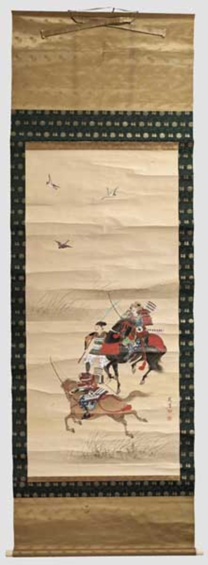 Kakemono (Rollbild), Japan, späte Edo-Periode   Farbig gemalte Darstellung von drei Samurai auf