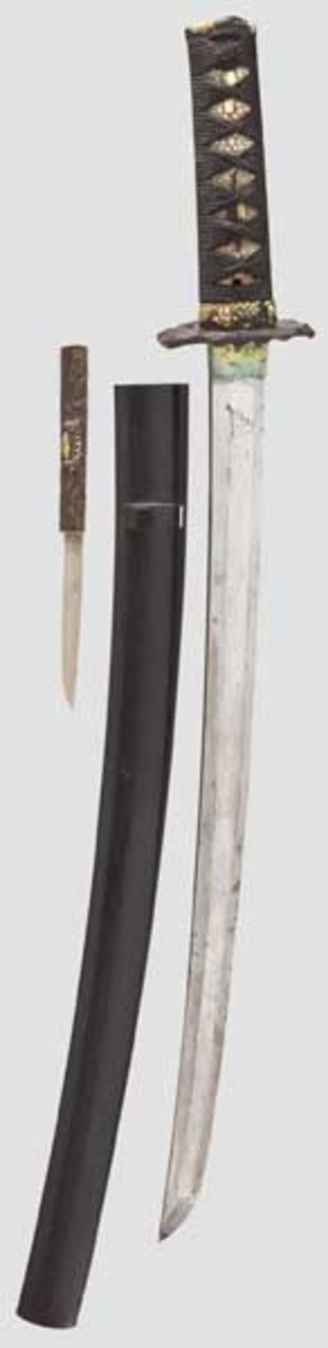 Wakizashi, Japan um 1700   Klinge Shinogi Tsukuri, Chu Kissaki, flacher Torii Zori, Sugu Ha Hamon.