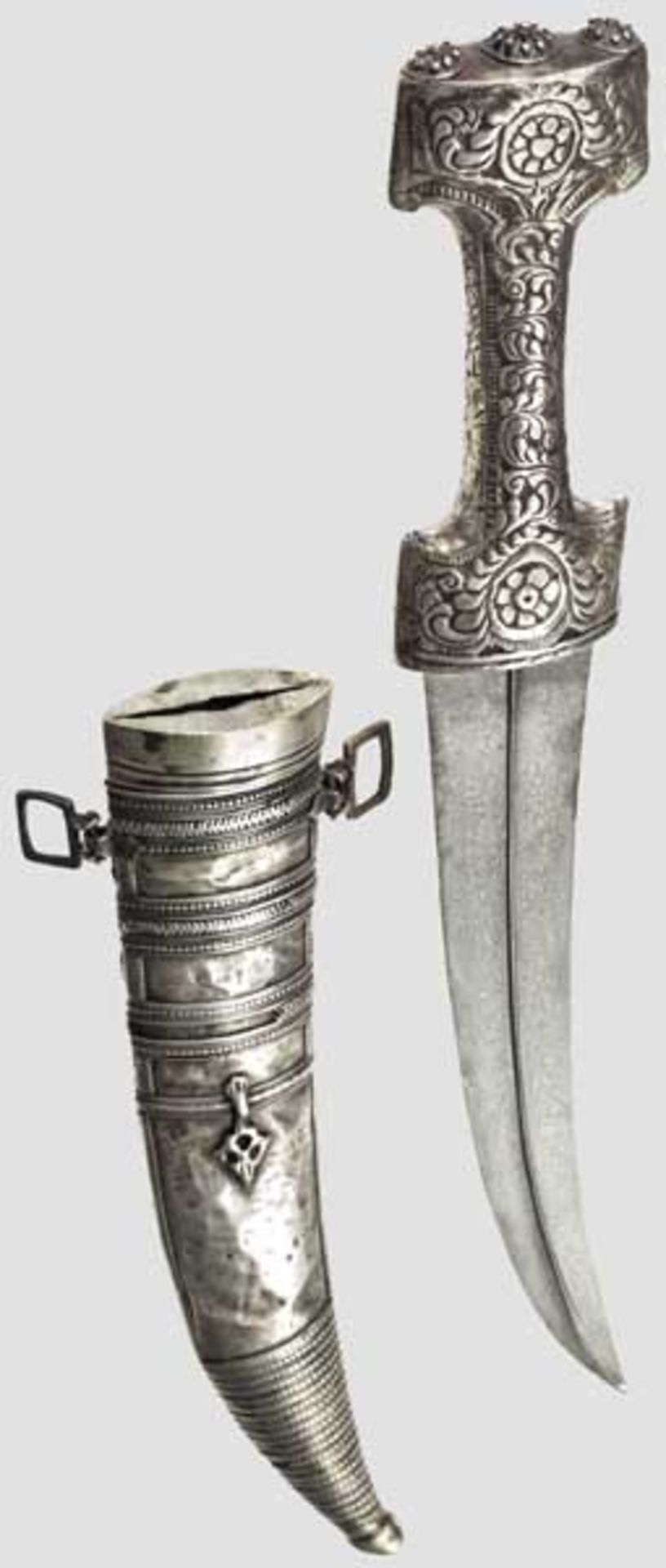 Silbermontierter Kandschar, osmanisch, 19. Jhdt.   Zweischneidige Klinge aus schönem Wootzdamast mit - Bild 2 aus 2