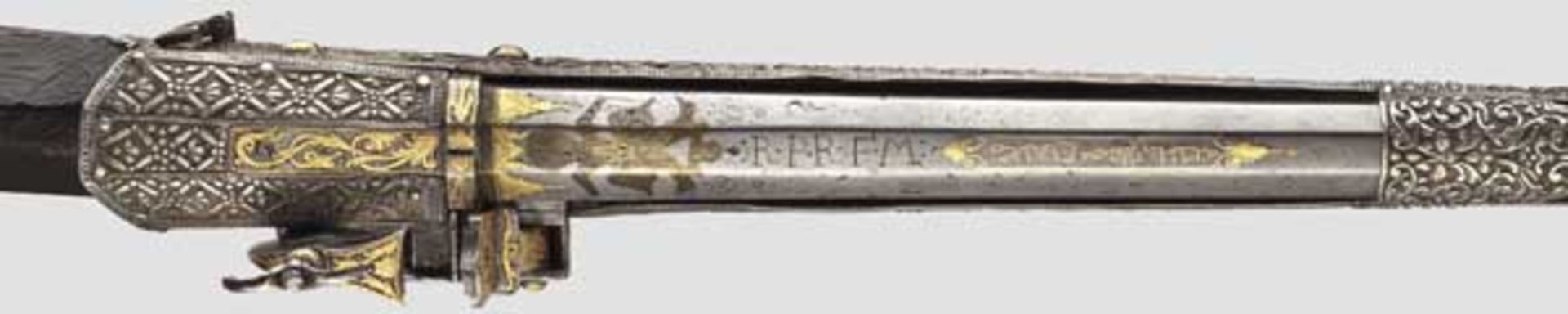 Silbermontiertes Luxus-Miqueletgewehr (Boilia), balkantürkisch, datiert 1806   Älterer achtkantiger, - Bild 4 aus 7