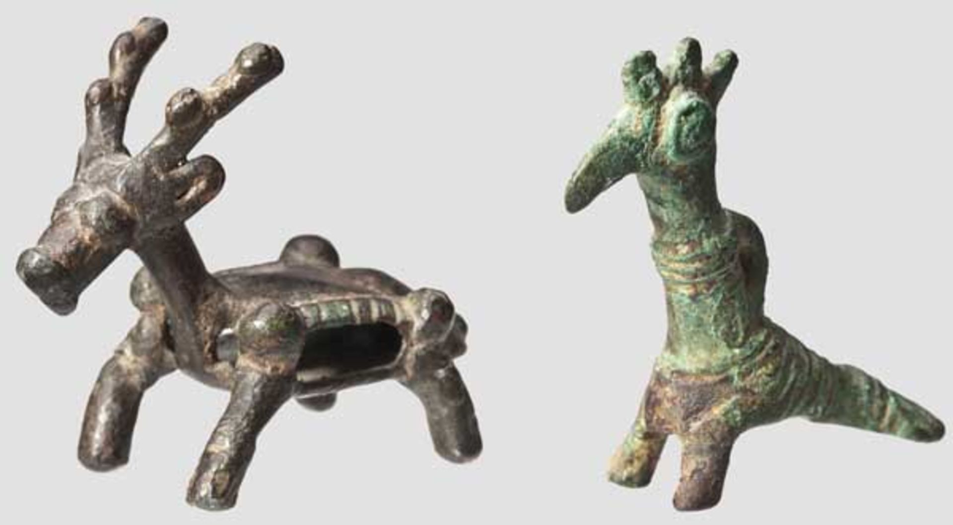 Zwei Tierminiaturen, Bronze, iranischer Raum, spätes 2. - frühes 1. Jtsd. v. Chr.   Vögelchen mit