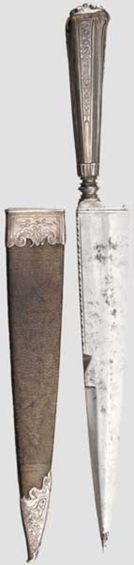 Jagdliches Luxusmesser mit Steinbockhorngriff, süddeutsch um 1740   Kräftige Rückenklinge mit - Bild 2 aus 4