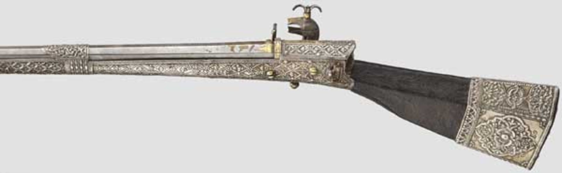 Silbermontiertes Luxus-Miqueletgewehr (Boilia), balkantürkisch, datiert 1806   Älterer achtkantiger, - Bild 2 aus 7