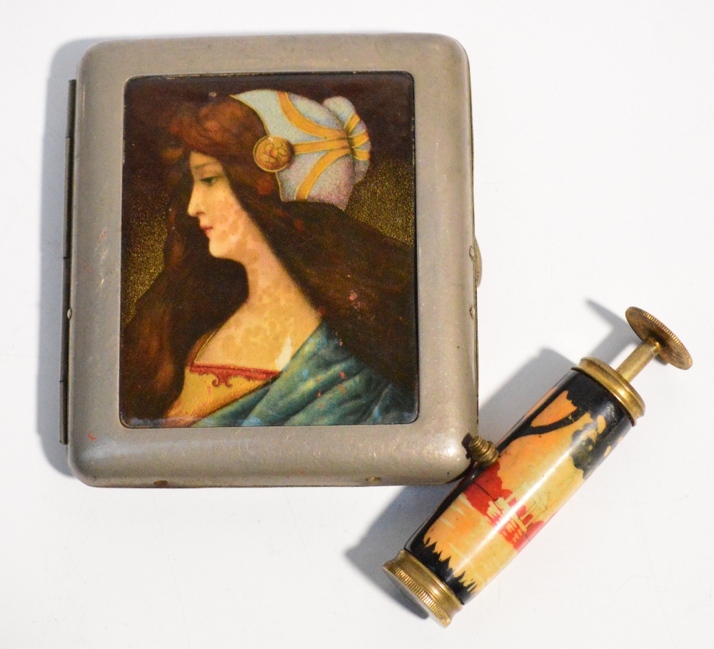 An Art Nouveau rounded rectangular cigarette case decorated with the profile portrait of a young