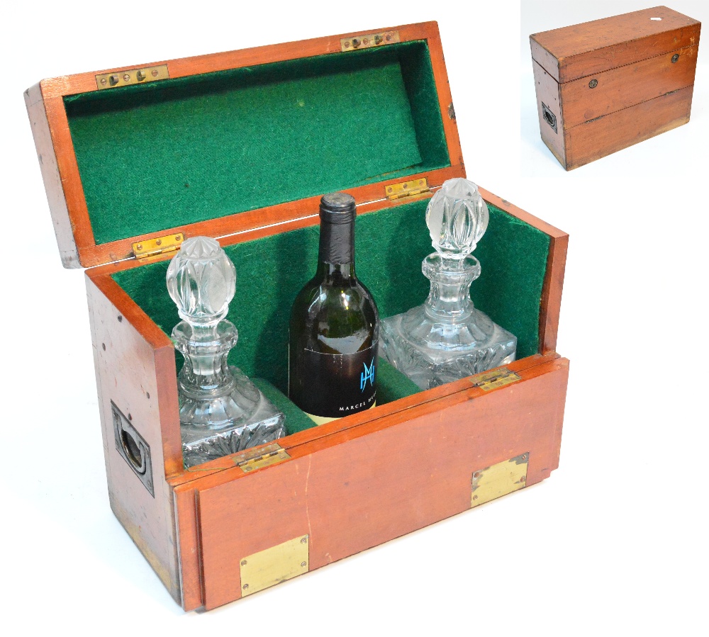 A c.1900 travelling decanter set with hinged lid above fall front enclosing pair of pressed glass
