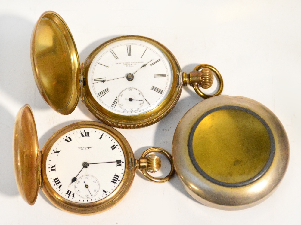 A gold plated full hunter pocket watch with white enamel dial set with Roman numerals and subsidiary