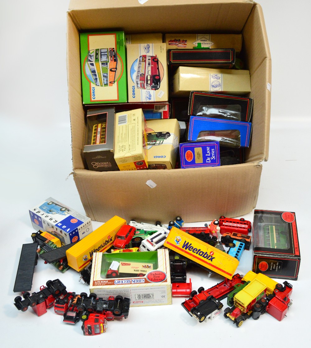 A quantity of diecast and plastic vehicles including two boxed Corgi vans; RAC and Royal Mail,