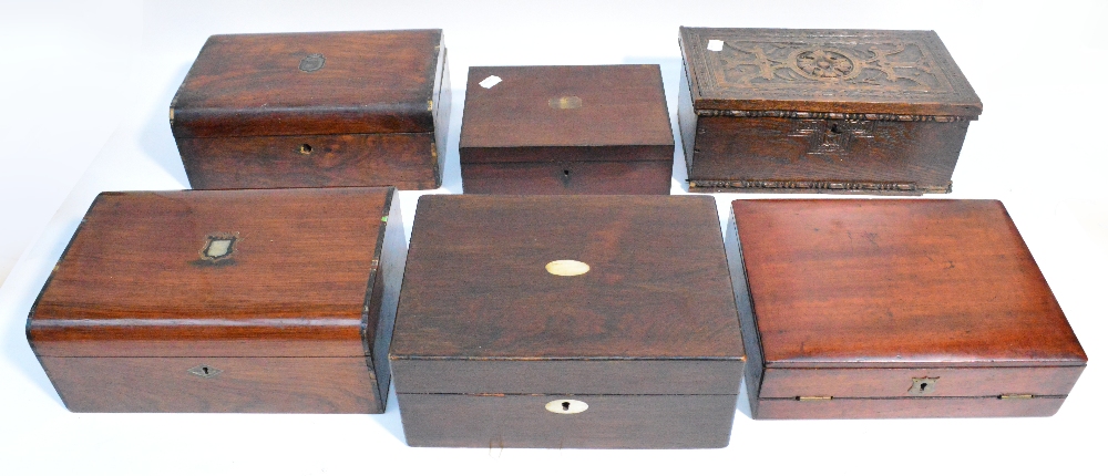 An oak box, small mahogany slope, mahogany box and three rosewood boxes (6).