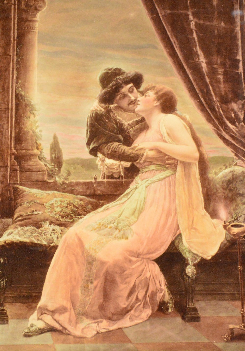 A large Victorian crystoleum depicting Romeo and Juliet, 51 x 34cm, in elaborate gilt frame.