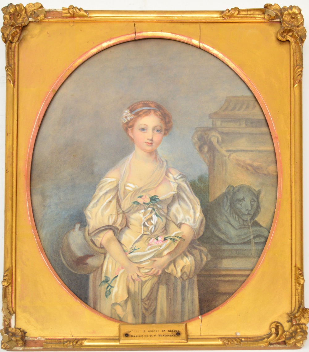 G.F. BLACKETT after GREUZE; oval watercolour "La Cruche Cassée", unsigned, inscribed verso,
