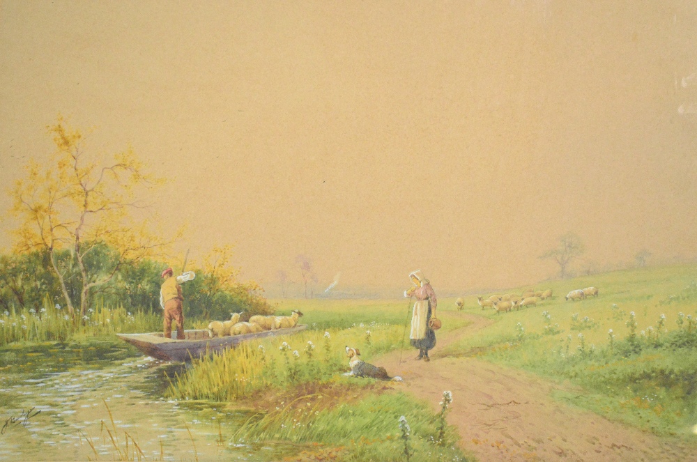 J BARCLAY (late 19th/early 20th century); watercolour heightened with white "Ferrying Sheep", a