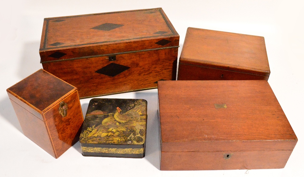 A 19th century mahogany trinket box, a 19th century oak and ebony detailed travelling box, a further