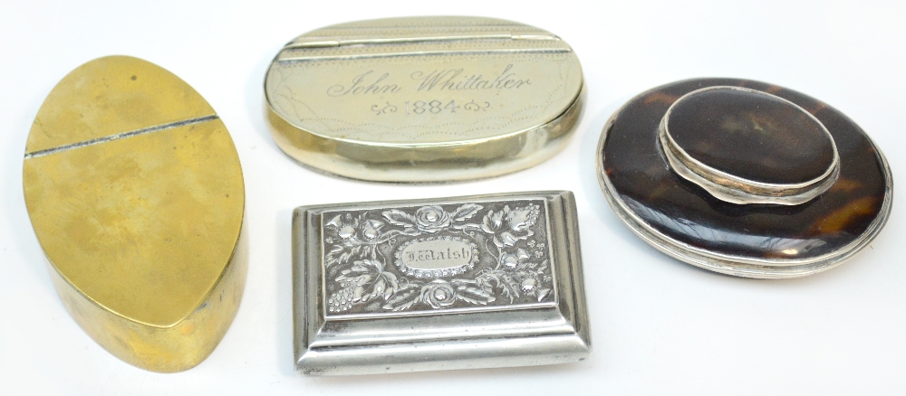 WITHDRAWN
A white metal and tortoiseshell oval snuff box, width 8cm, an electroplated rectangular