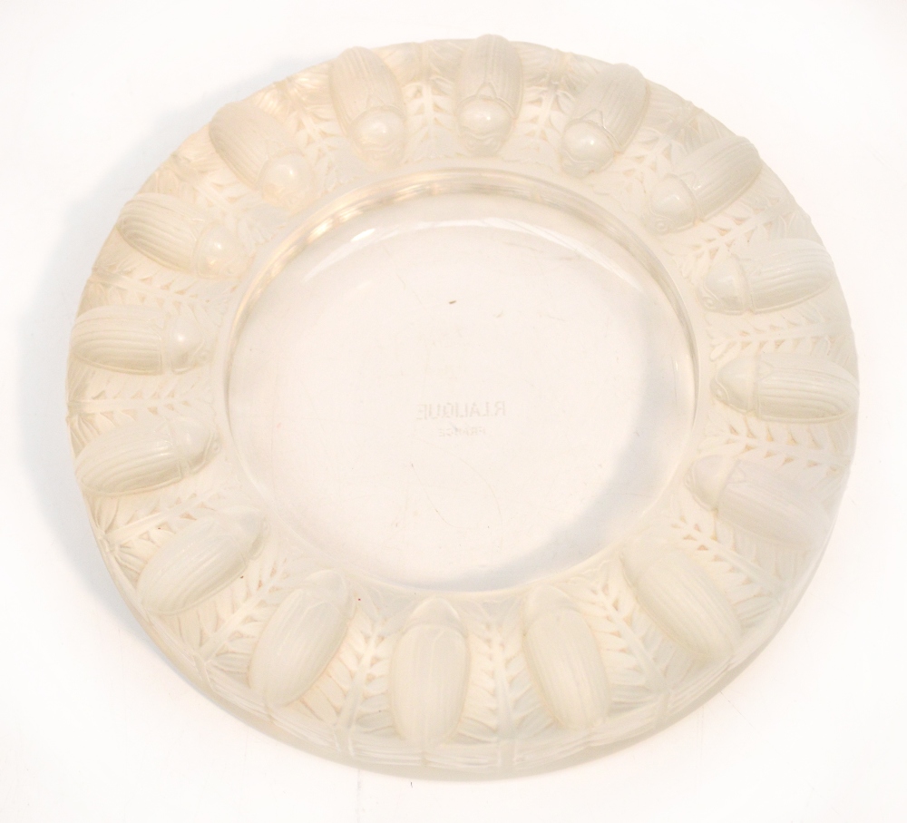 A pre-1947 Lalique "Tabago" frosted and clear glass shallow bowl decorated with scarab beetles,
