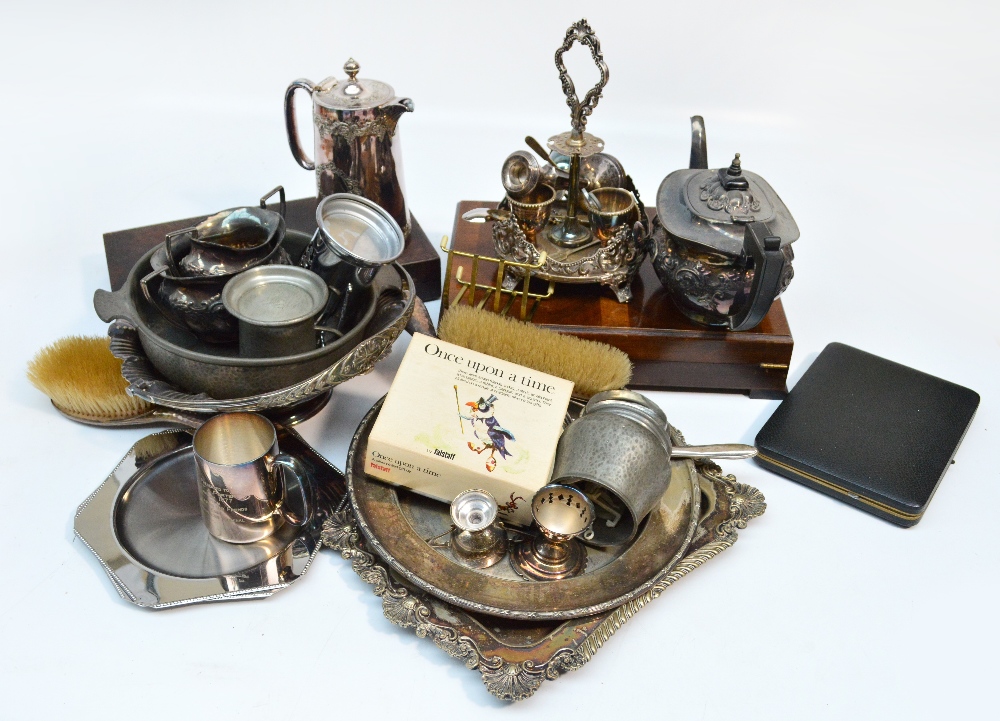 A quantity of electroplated items including an embossed three piece tea set, swing handled basket,