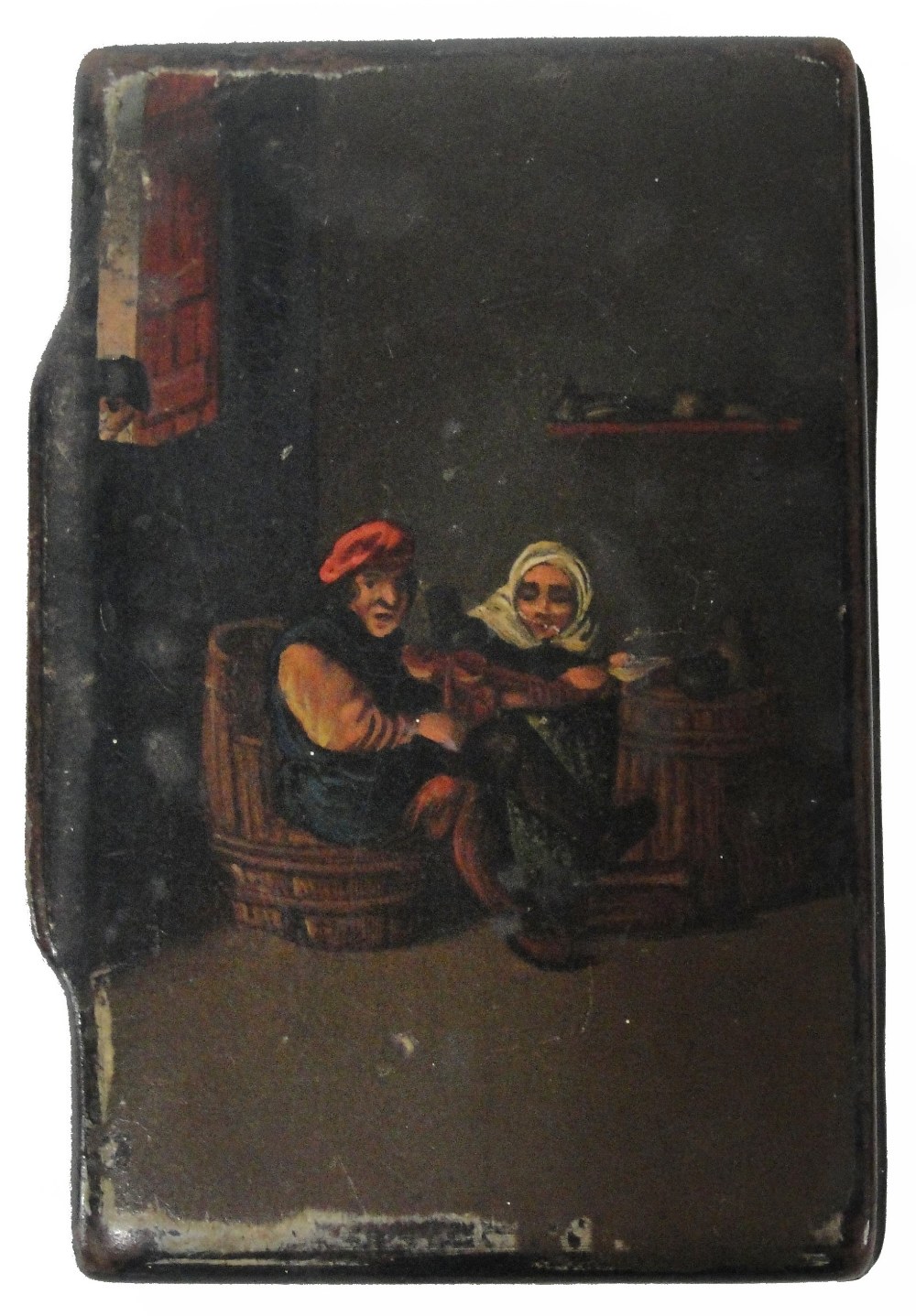 A c.1900 Russian papier-mâché rectangular snuff box painted to the lid with a man playing a