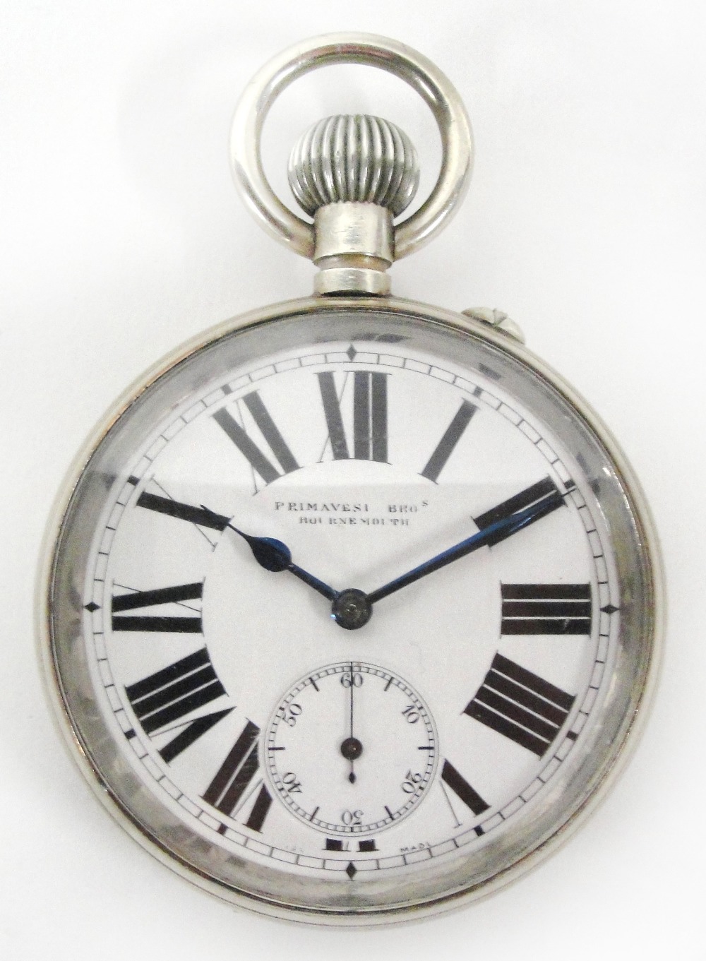 A gold plated Goliath crown wind pocket watch, the circular white enamel dial set with Roman
