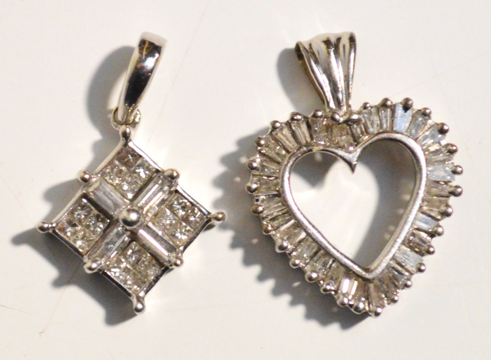 A 9ct white gold heart shaped diamond set pendant and an 18ct white gold lozenge shaped diamond