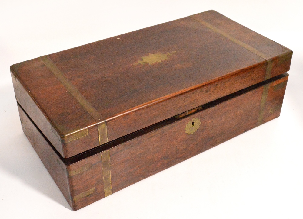 A 19th century rosewood and brass bound writing slope, width 50cm (for restoration).