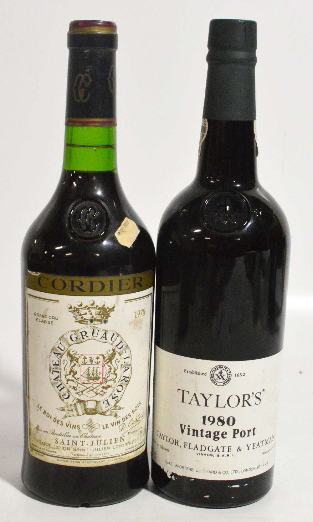A bottle of Taylor's port, 1980, and a bottle of Saint-Julien Chateau Gruaud-La Rose red wine,