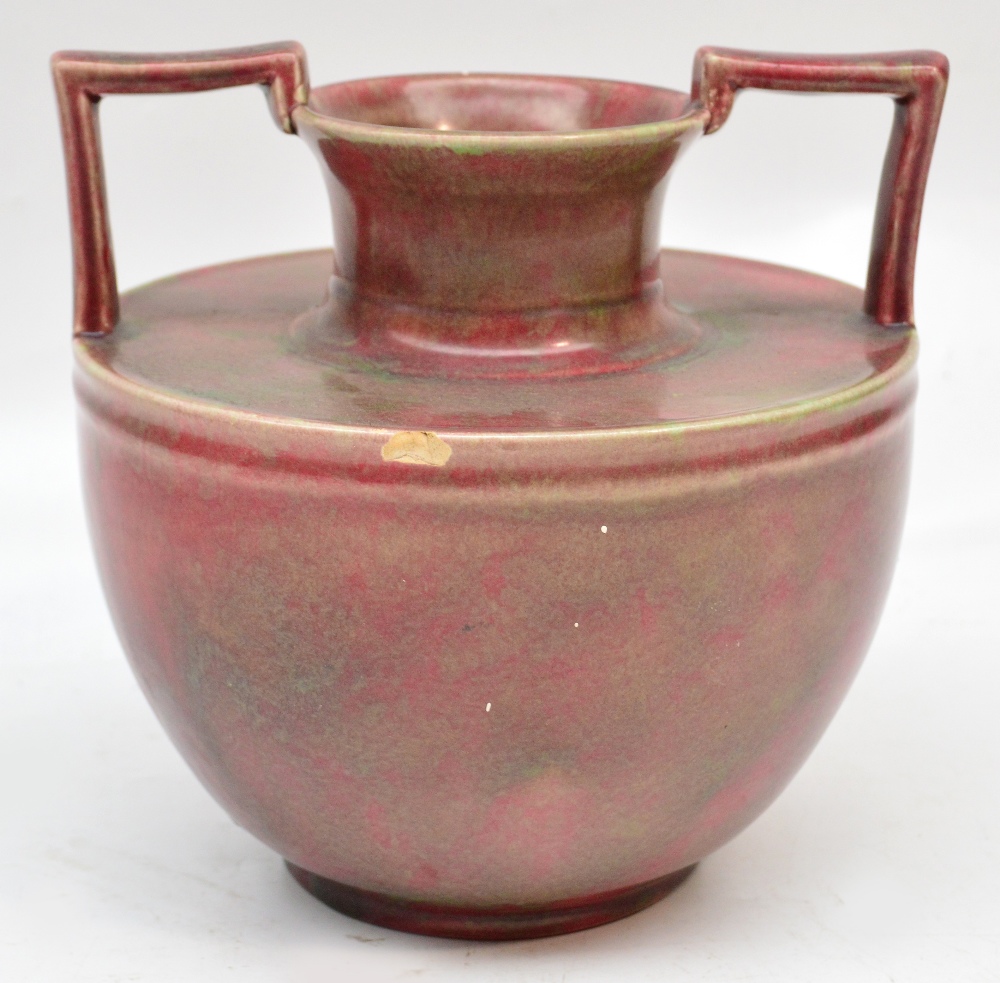 A Minton & Hollins Astra ware twin handled vase decorated in shades of pink and green, height