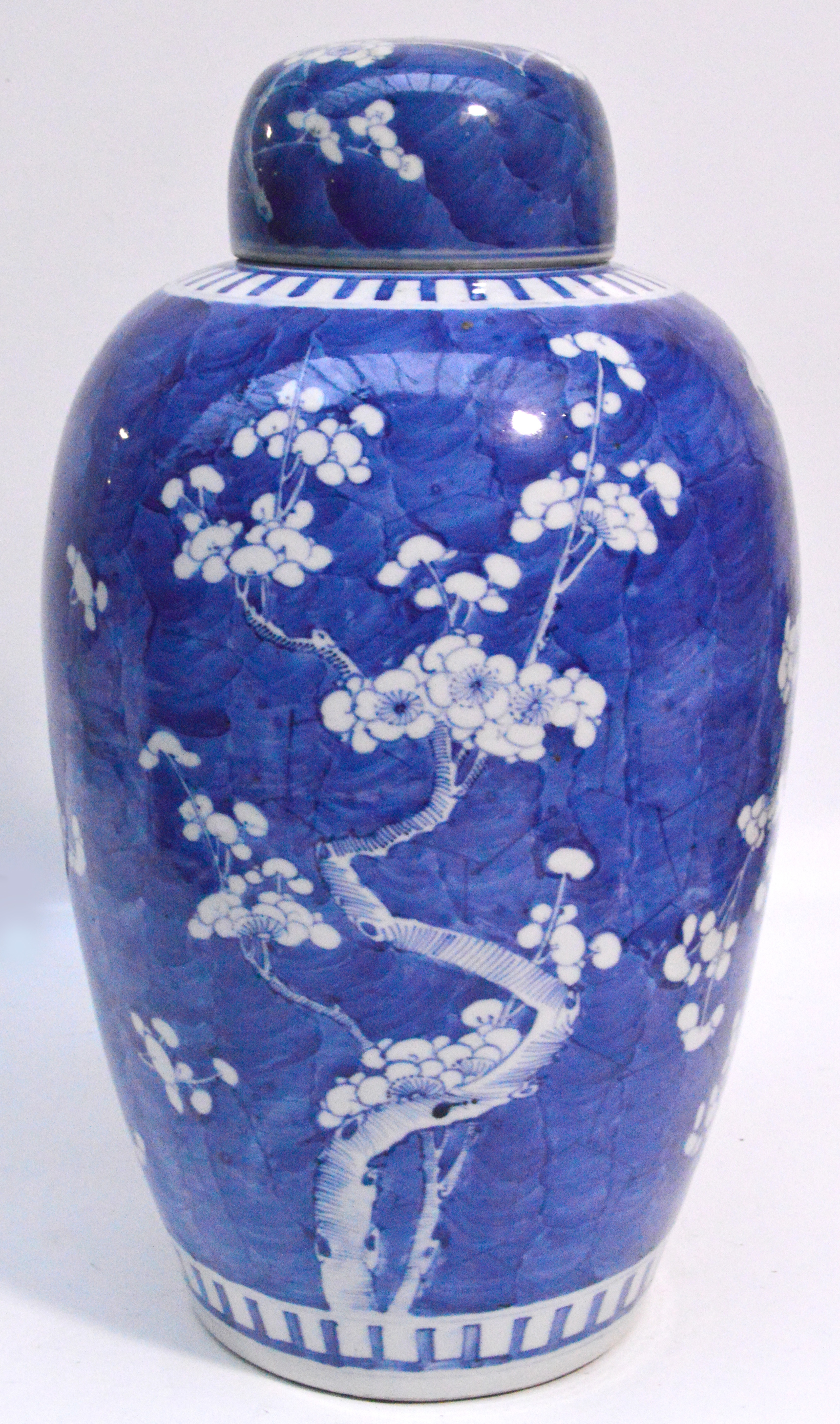 A large 19th century Chinese blue and white decorated ovoid jar and cover painted with blossoming