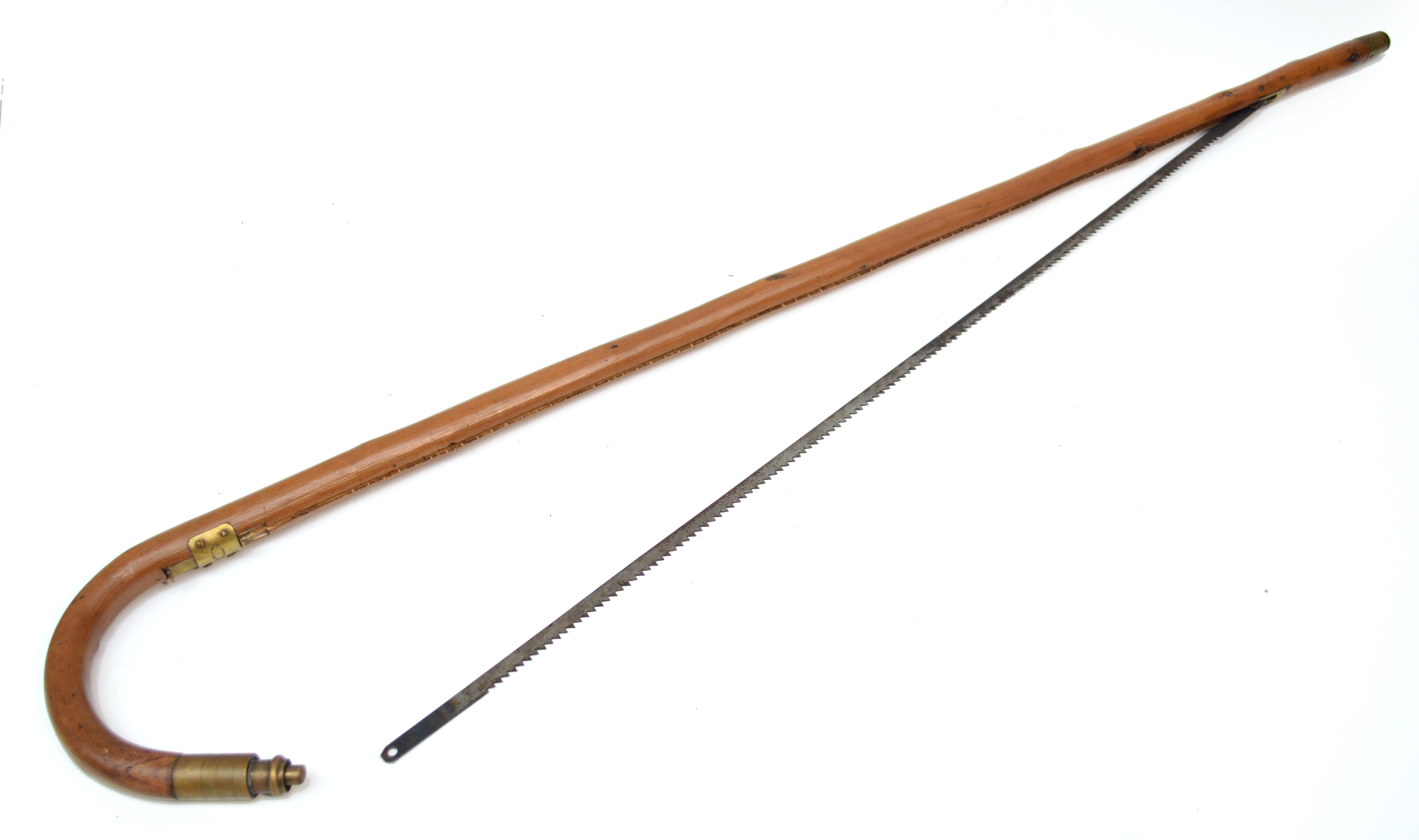 An unusual c.1900 gadget "saw" walking stick by Holtzapffel with brass band and cap, length 97cm.