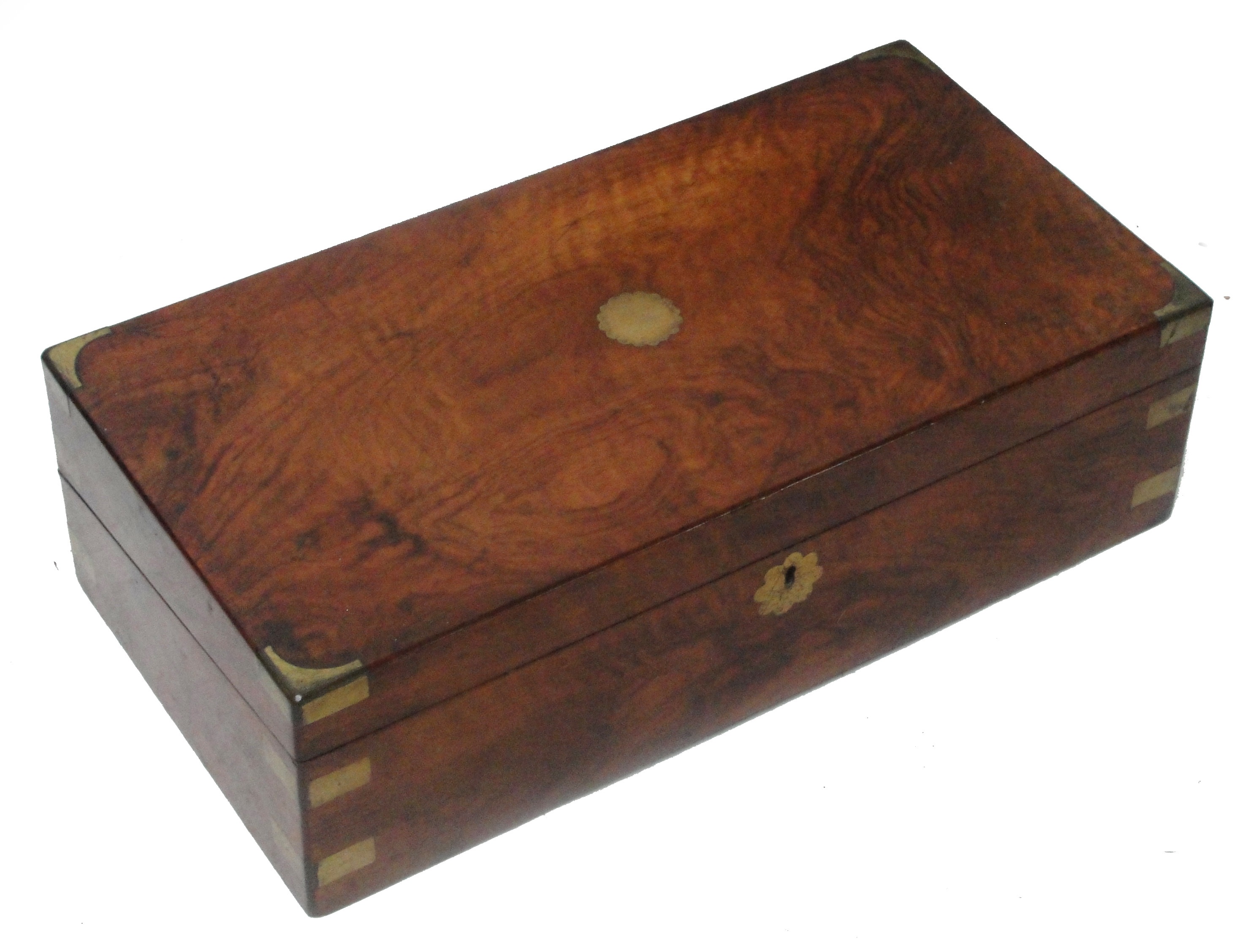 A Victorian walnut and brass bound rectangular writing slope, the hinged lid enclosing a fitted