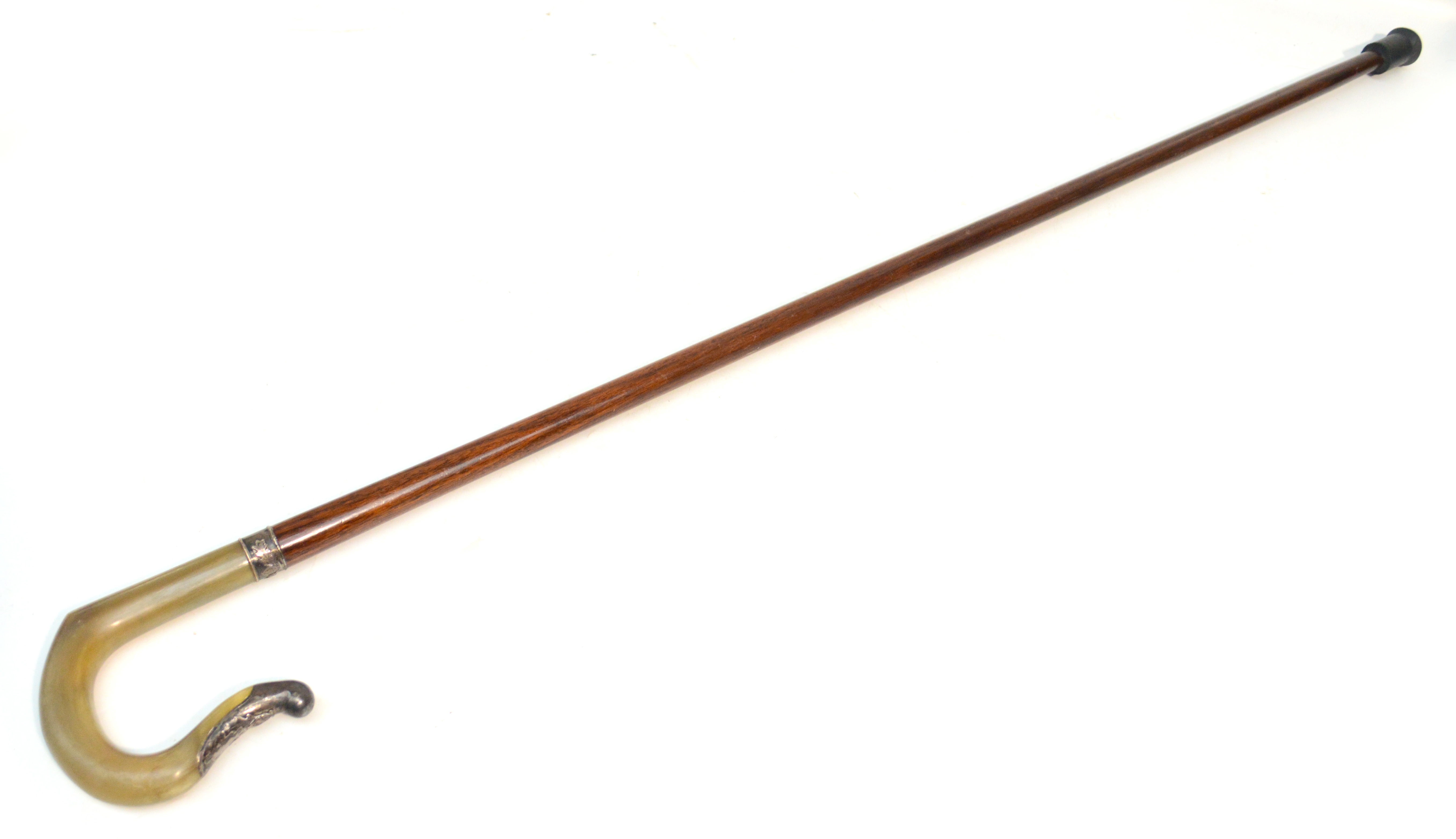 A rosewood shafted horn handled and silver mounted walking stick by Steve Kyme with acorn and oak