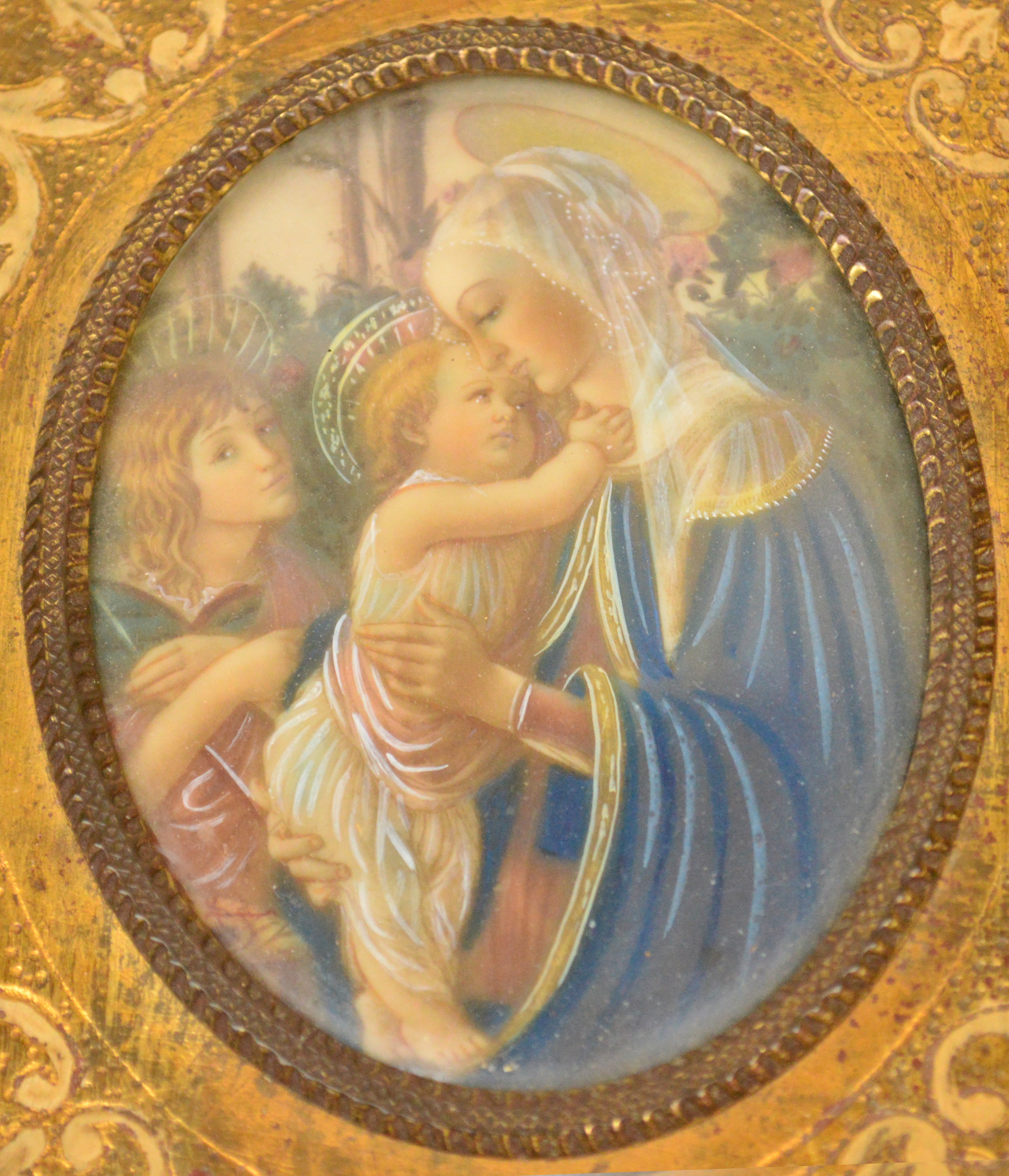 An early/mid 20th century oval portrait miniature after Botticelli, "Madonna of The Rose Garden",