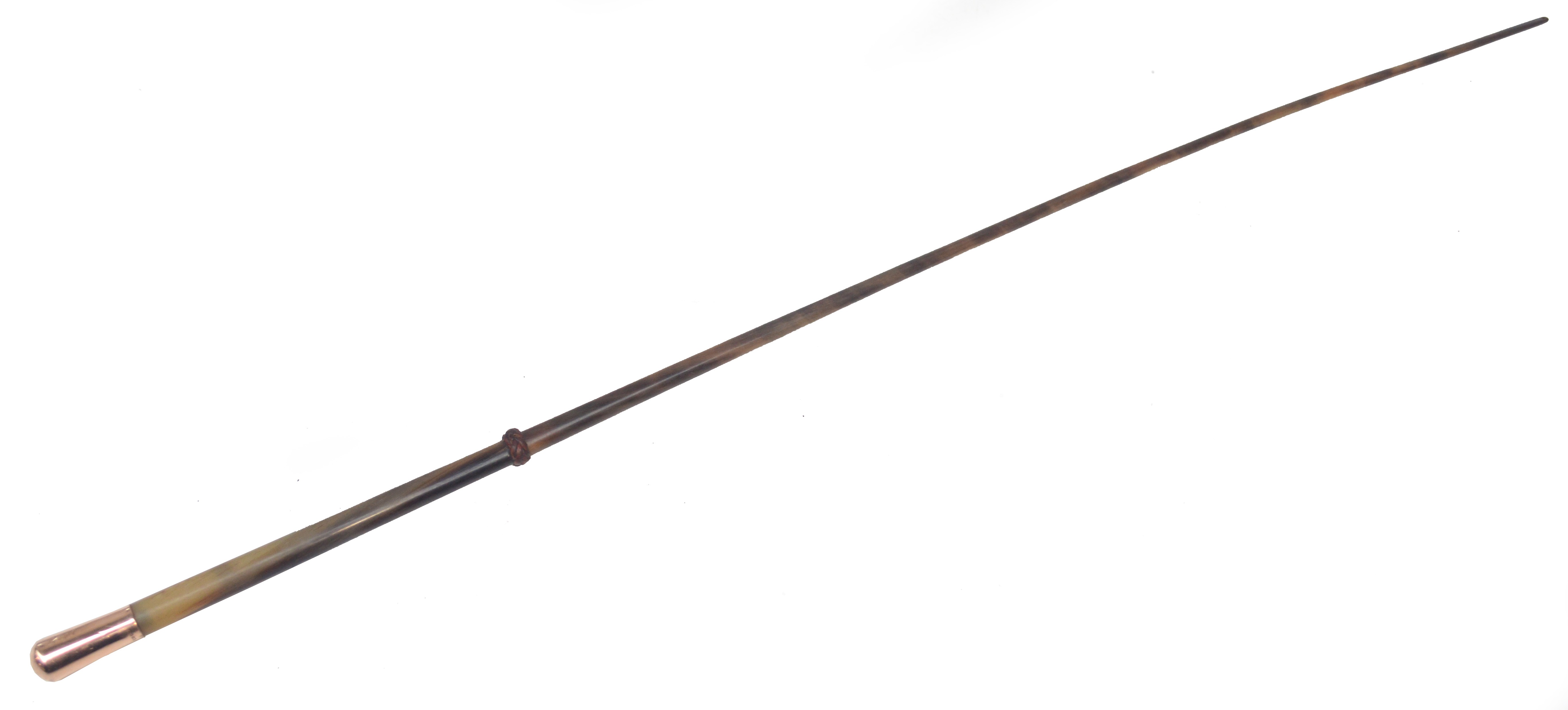 An early 20th century rhinoceros horn riding whip with 9ct gold handle, hallmarked for London