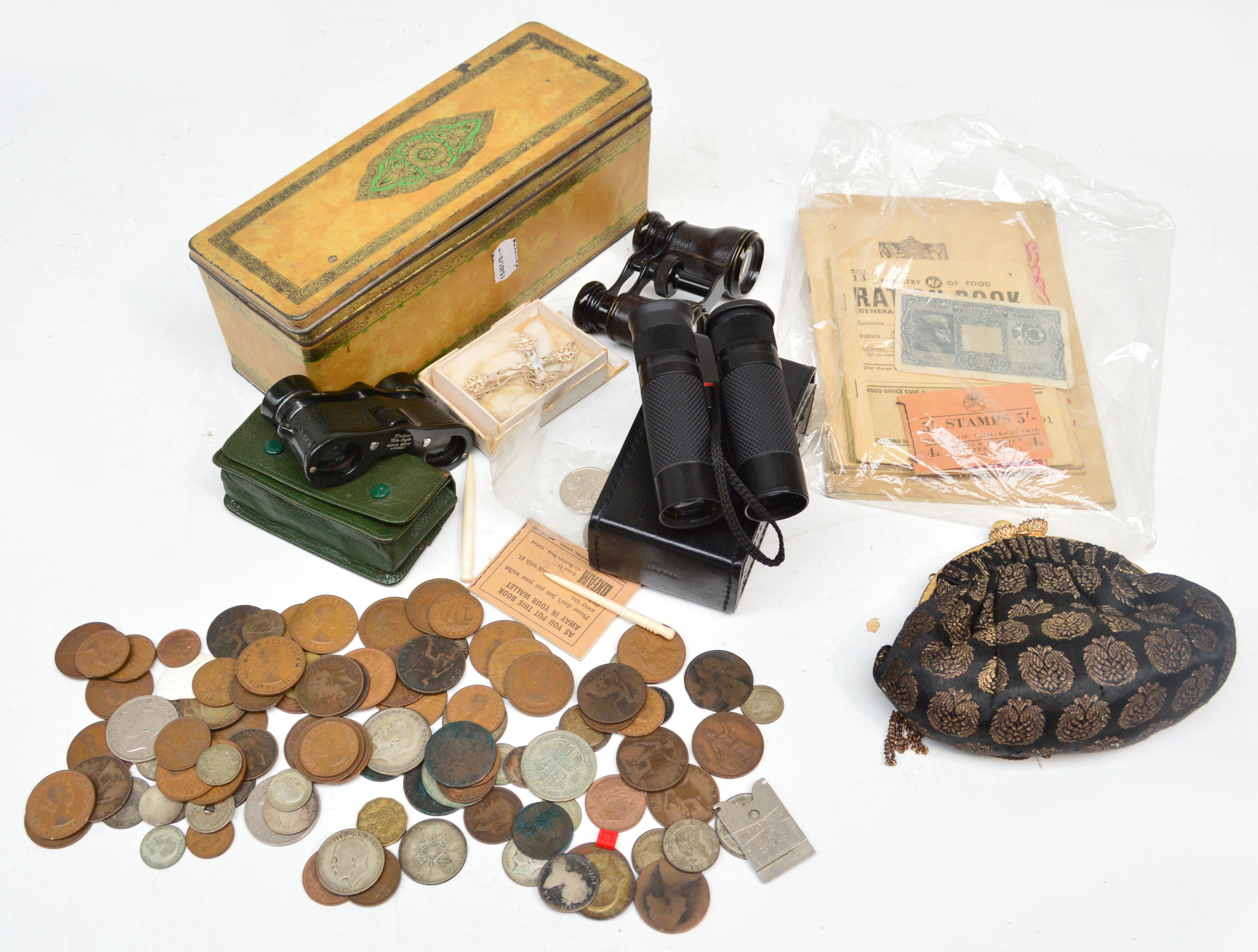 A quantity of collectors' items including coins, opera glasses, small quantity of ephemera etc.