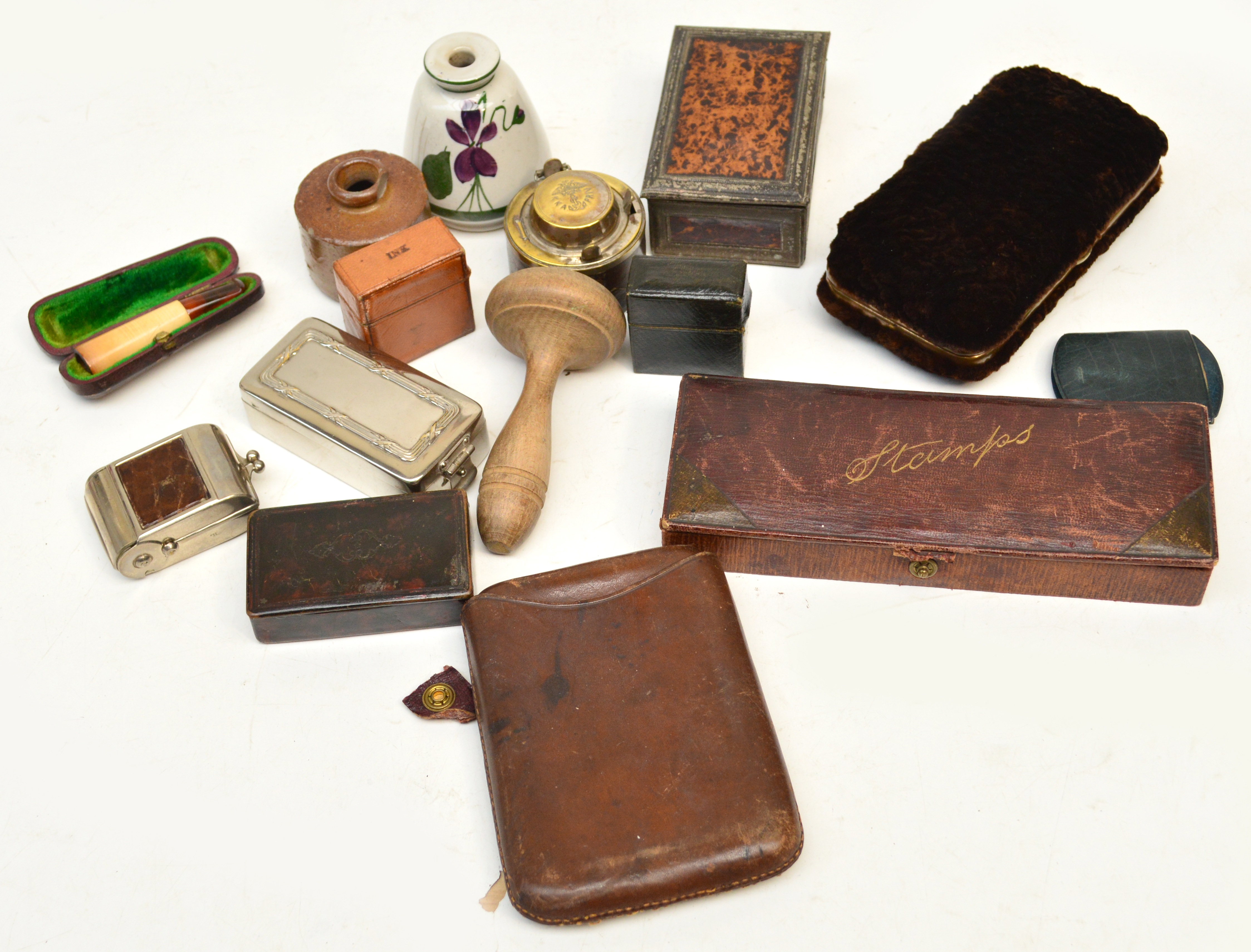 A 19th century rectangular snuff box, two glasses cases, travelling inkwell etc.