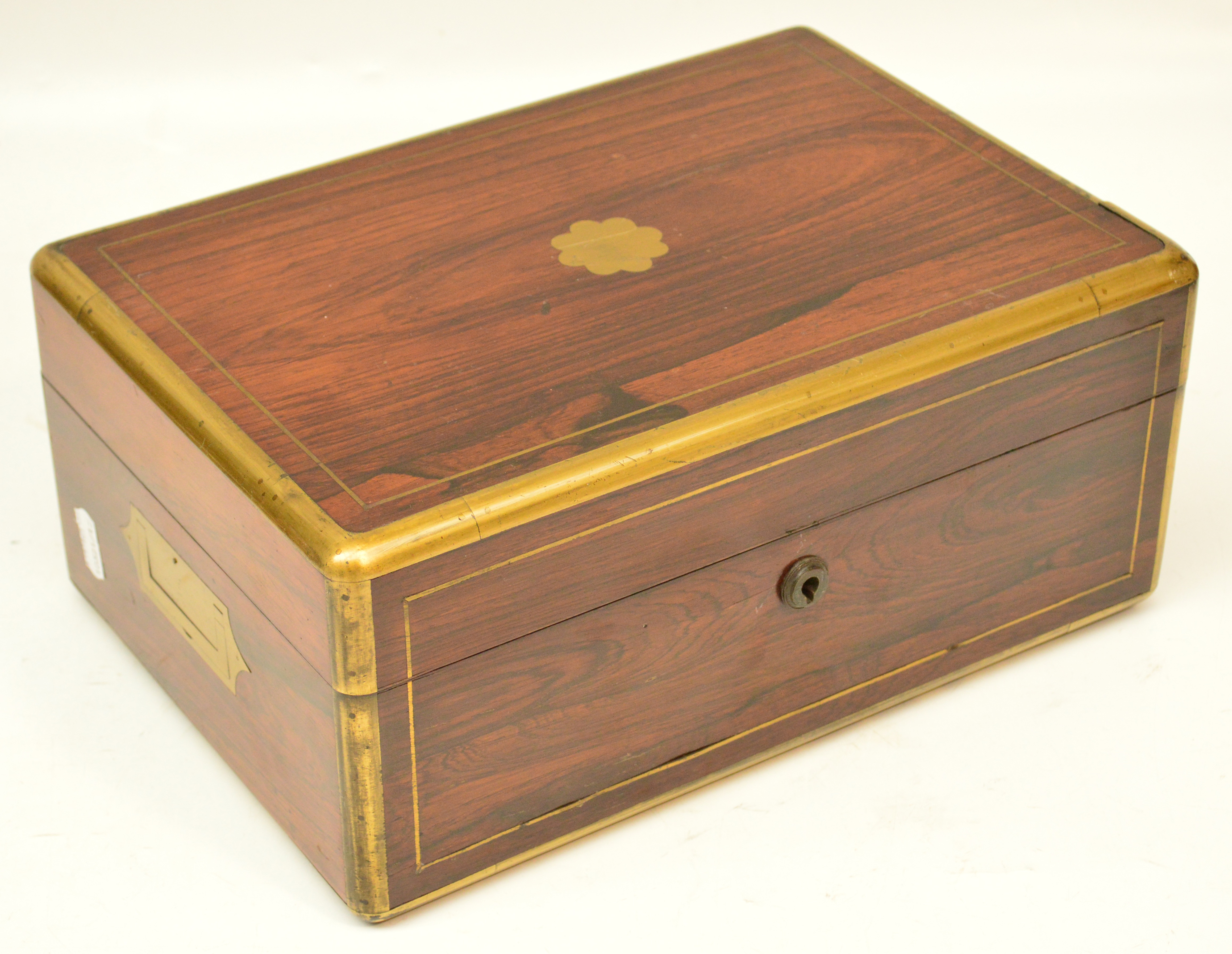 A 19th century rosewood and brass bound travelling case, lacking interior fitments, width 33cm,