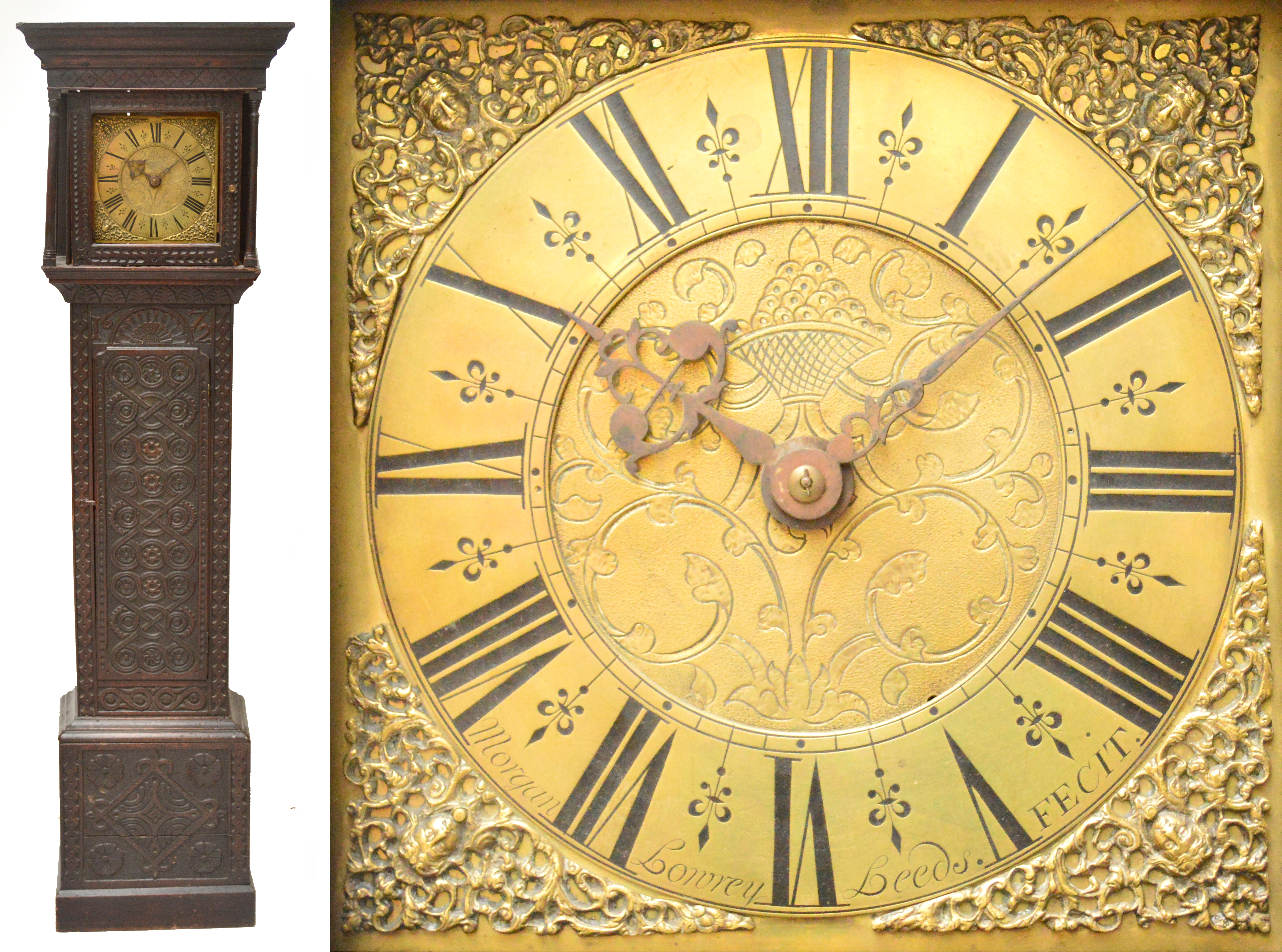 An oak cased longcase clock, the hood with moulded cornice above 10" square brass dial inscribed "