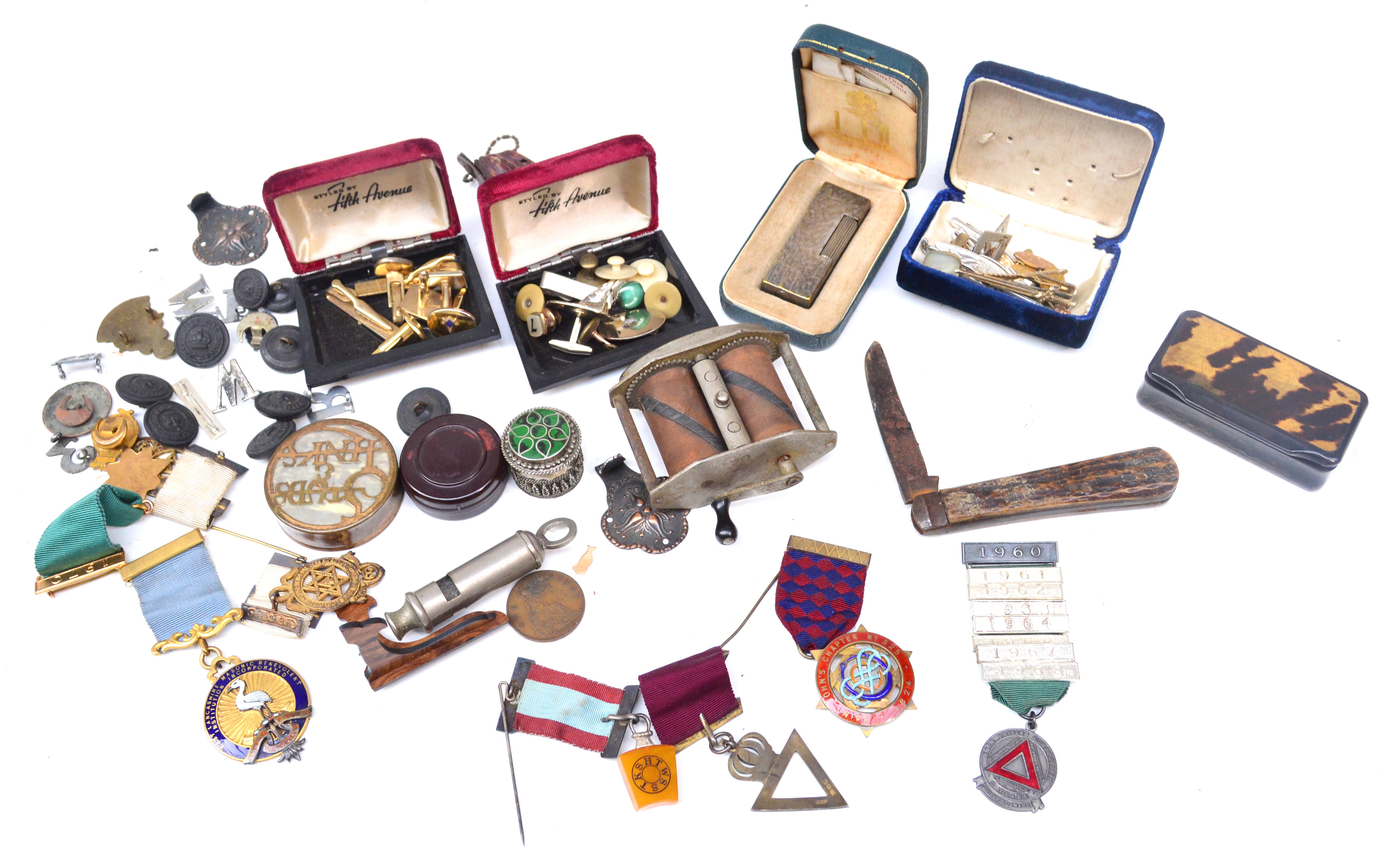 A small quantity of collectables including a boxed Dunhill textured lighter, several Masonic