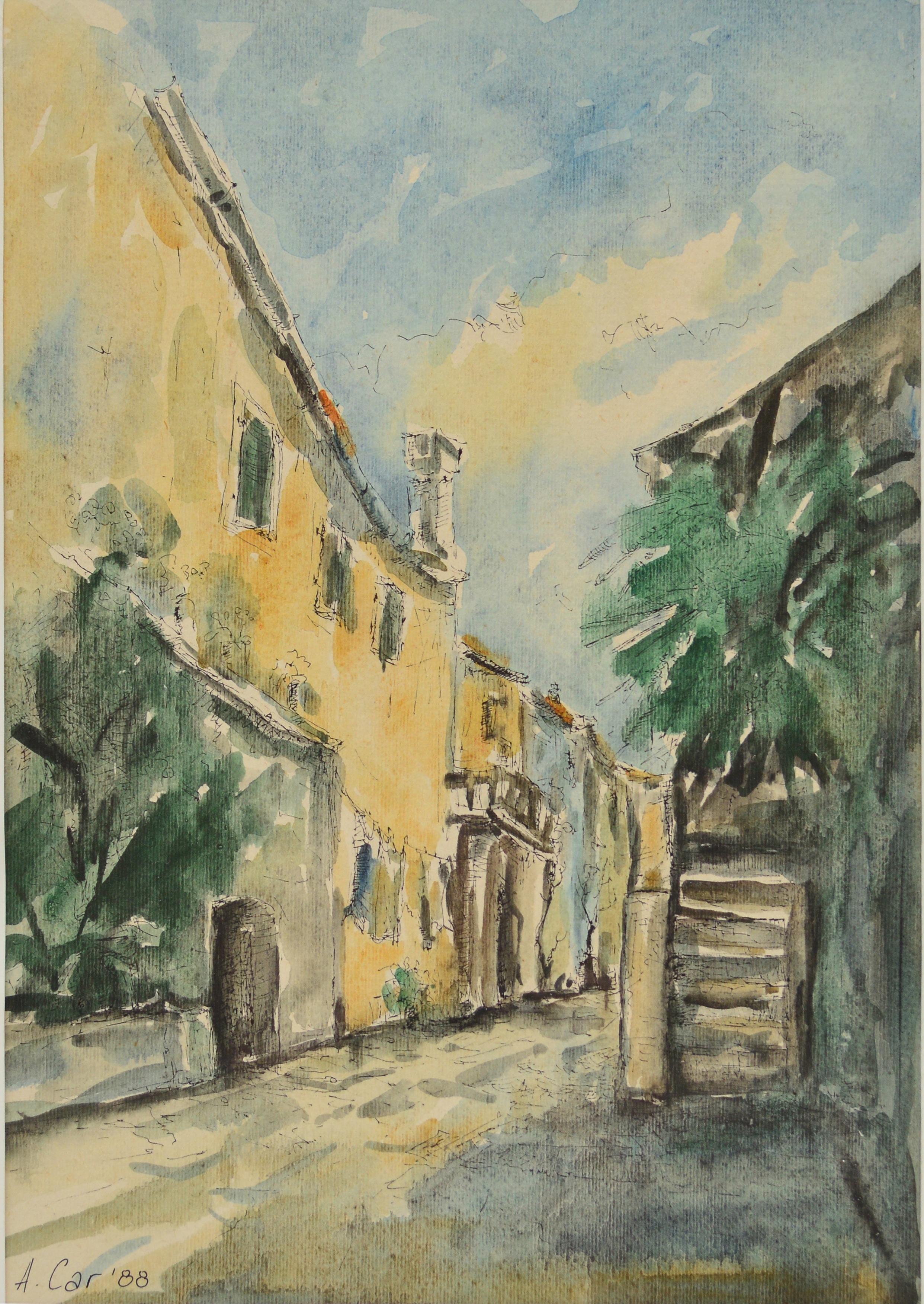 A CAR; pen, ink and watercolour, Continental street scene, signed and dated 1988, 28 x 20cm,