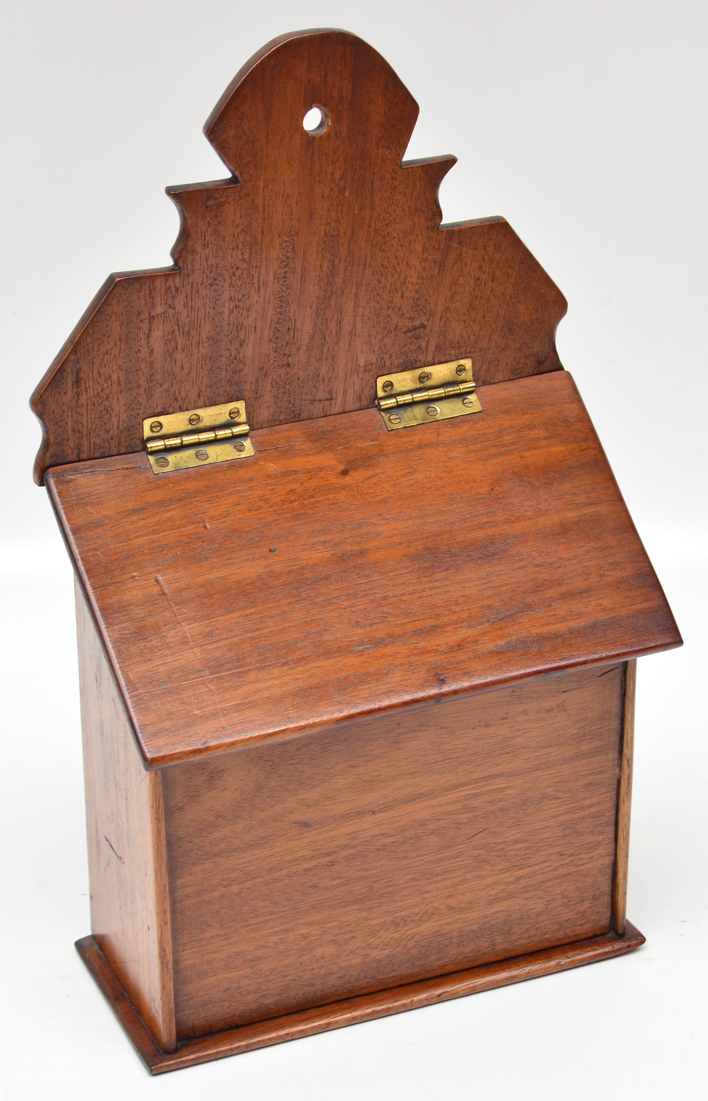 A late 19th century mahogany salt/candle box with angled hinged lid, height 40cm.