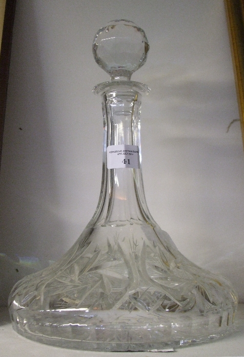 A Heavy Cut & Etched Crystal Ship`s Decanter, approx 29cm tall.