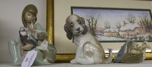 Three Lladro Figurines: A Puzzled Puppy with Butterfly, Girl with Kitten & Puppy & Mother Goose with