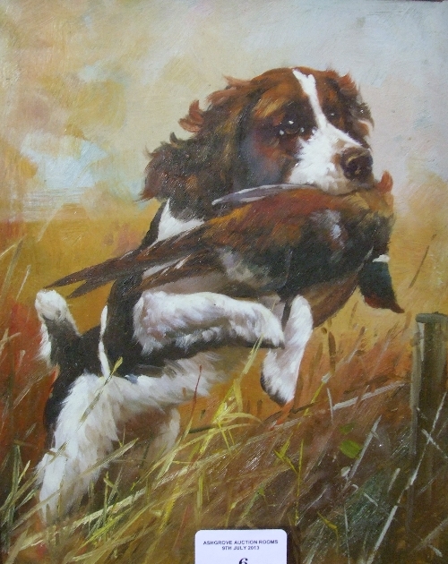 An Oil on Panel  Study of a Springer Spaniel & Game Approx 24.5 x 19.5cm.