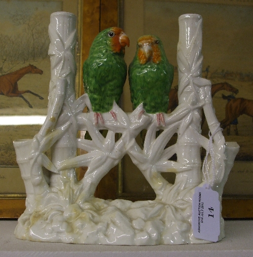 An Interesting Figural Vase with Two Green Parrots/Parakeets, with incised marks to base (possible