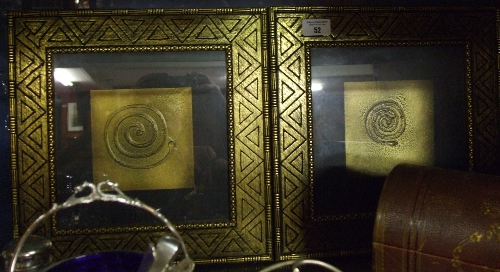 A Pair of Ken Browne Ink & Acrylic Prints Spiral Prints depicting Newgrange symbols, each signed, in
