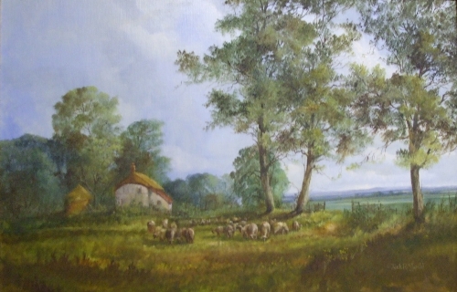 An Oil on Canvas by Jack R. Mould, Sheep Near a Farmhouse, signed, approx 50 x 75cm.