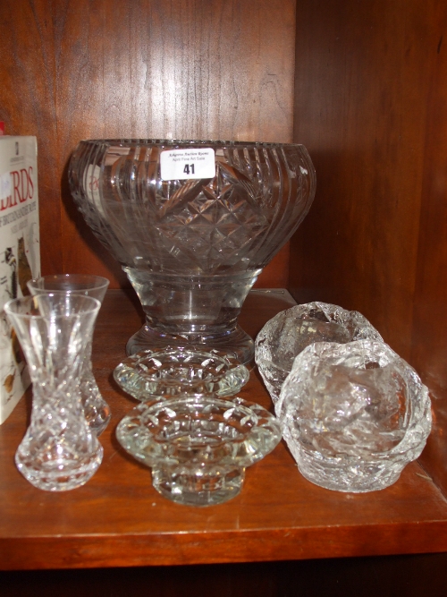 A Cut Glass Pedestal Bowl, a Pair of Kosta Boda Style `Snowball` Candle Holders, together with