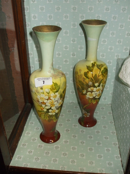 A Pair of Doulton Lambeth Faience Vases, decorated with blossom by Emily Gillman, a/f.